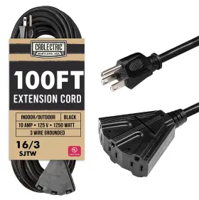 Cablectric 840013431961 100 Ft Outdoor Extension Cord With 3 Electrical Power Outlets - 16/3 Sjtw Dur