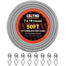 Celynd 722549592180 Stainless Steel Cable For Railing - 50ft 1/4 Inch T316 Wire Rope With Clamps And