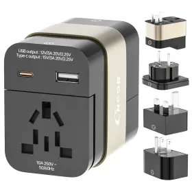 Cncob Cn-tl2025/b Universal Travel Adapter And Global Power Plugs Outlets Gan Fast Wall Black