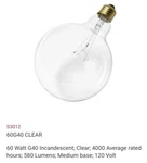 New 2-pack Satco S3012 Globe Light Bulb, 120v 60w G40 E26, Dimmable, Clear. Fixed Price $10.00.
