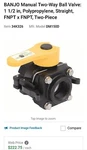 Banjo Manual Two-way Ball Valve: 1 1/2 In, Polypropylene, Straight, Fnpt X Fnpt,. Fixed Price $89.99.