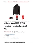 Milwaukee M12 Axis Heated Hooded Jacket Kit Black C-495-205b-21. Fixed Price $100.00.