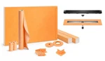 All-in-one 76"x38" Linear Shower Kit With Offset Tray, Membrane, Drain, Cover. Fixed Price $1543.87.