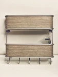 New Silver&tan-taupe Wood Grain Storage Rack Wall Shelf W Hooks 8.75"x10.5". Fixed Price $22.99.